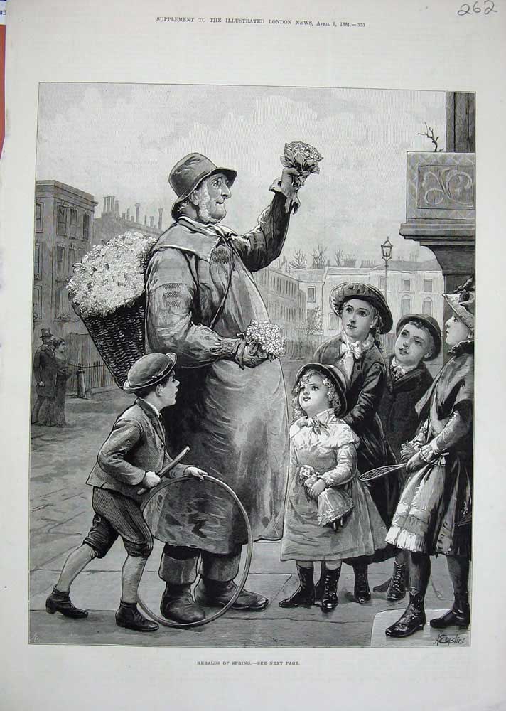 Old Antique Print Man Selling Flowers Street Children Games Fine Art 1881 19th