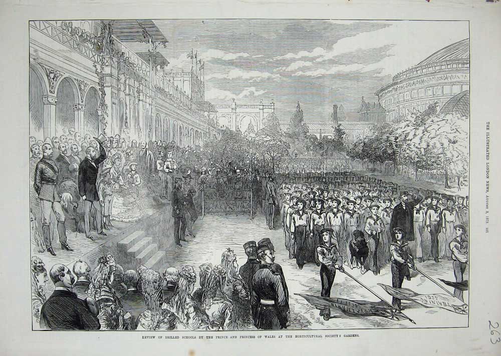Old Antique Print 1872 Drilled Schools Prince Wales Horticultural Gardens 19th