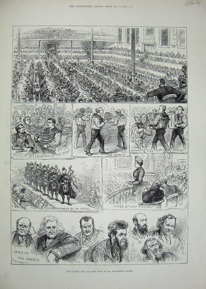 Original Old Antique Print 1888 Hot Dinner Aged Poor People St Barnardo'S Homes