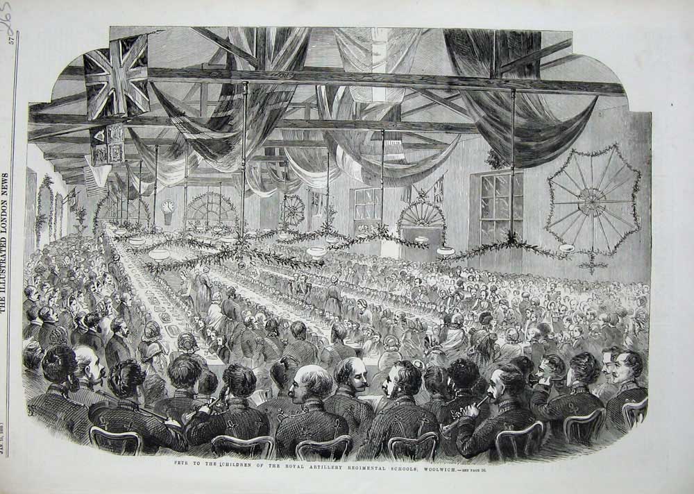 Original Old Antique Print 1859 Fete Children Royal Artillery Schools Woolwich
