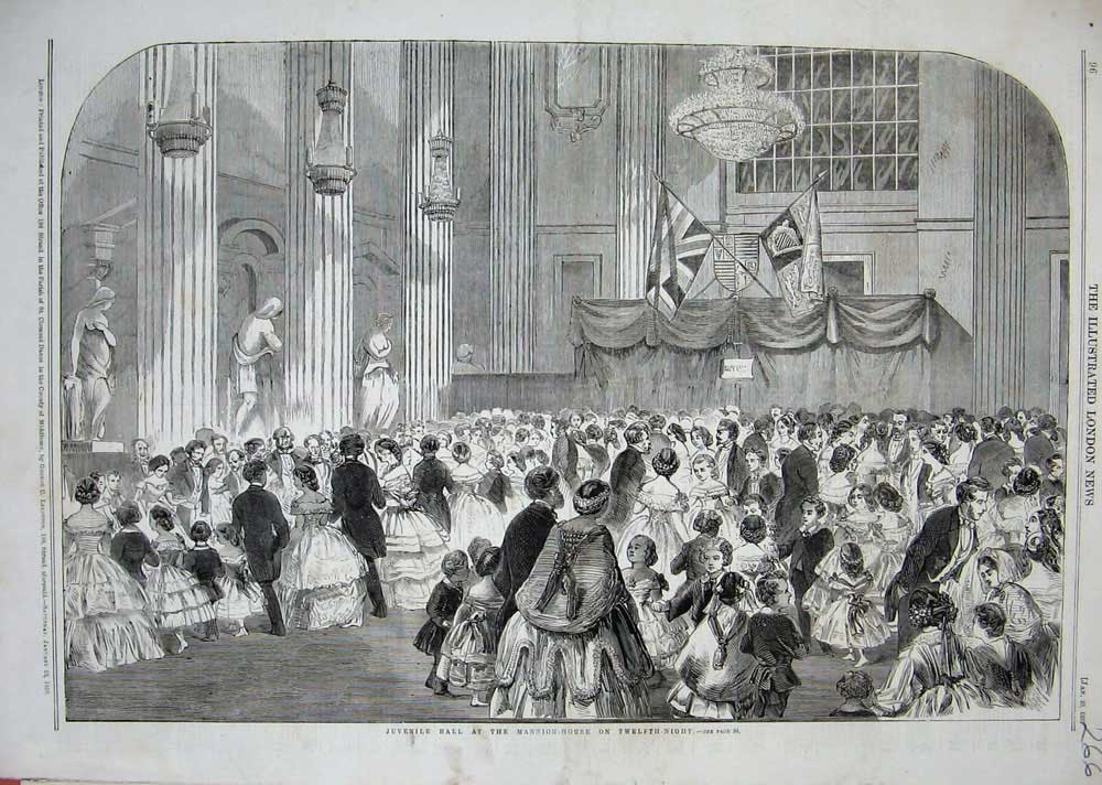 Old Antique Print Juvenile Children Ball Mansion House Twelfth Night 1859 19th