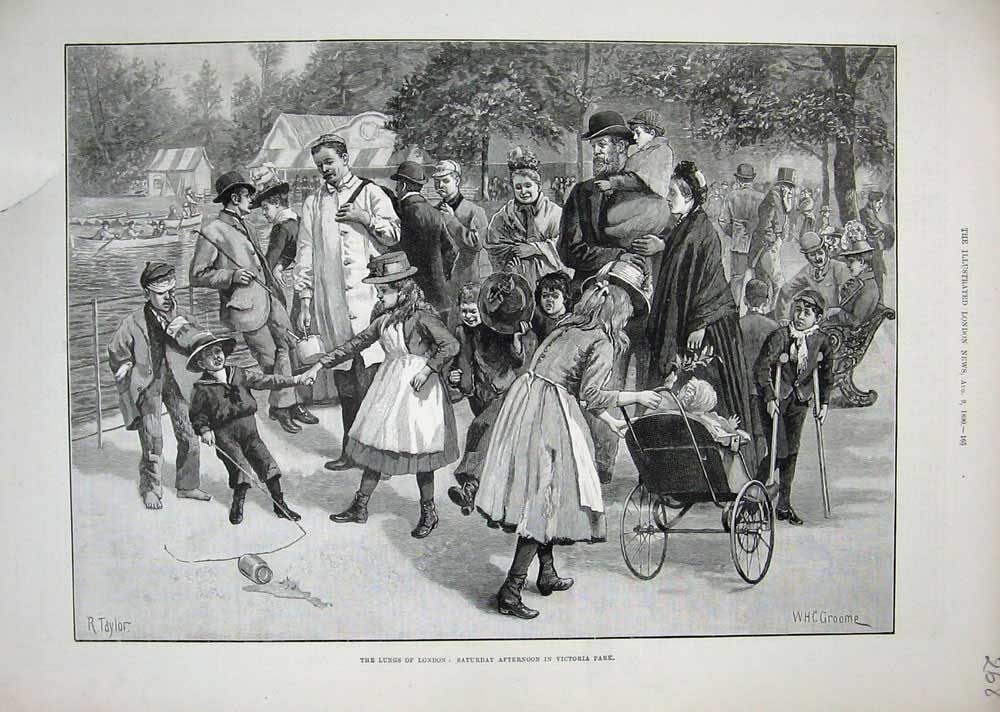Original Old Antique Print 1890 Children Playing London Victoria Park Pushchair