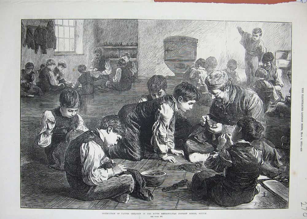 Old Antique Print Pauper Children Metropolitan District School Sutton1872 19th