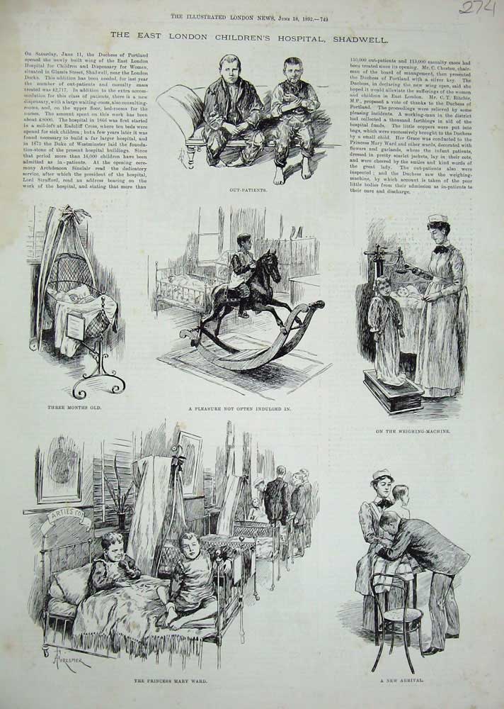 Old Antique Print 1892 East London Childrens Hospital Shadwell Ward Baby 19th