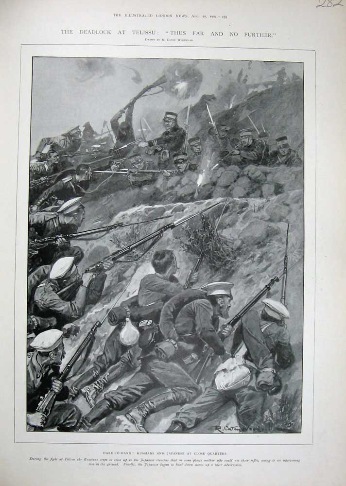 Original Old Antique Print 1904 Telissu War Russians Japanese Siers Army Art