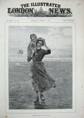 Old Antique Print 1891 Fisherwoman Little Boy Beach Sands Boat Fine Art 19th