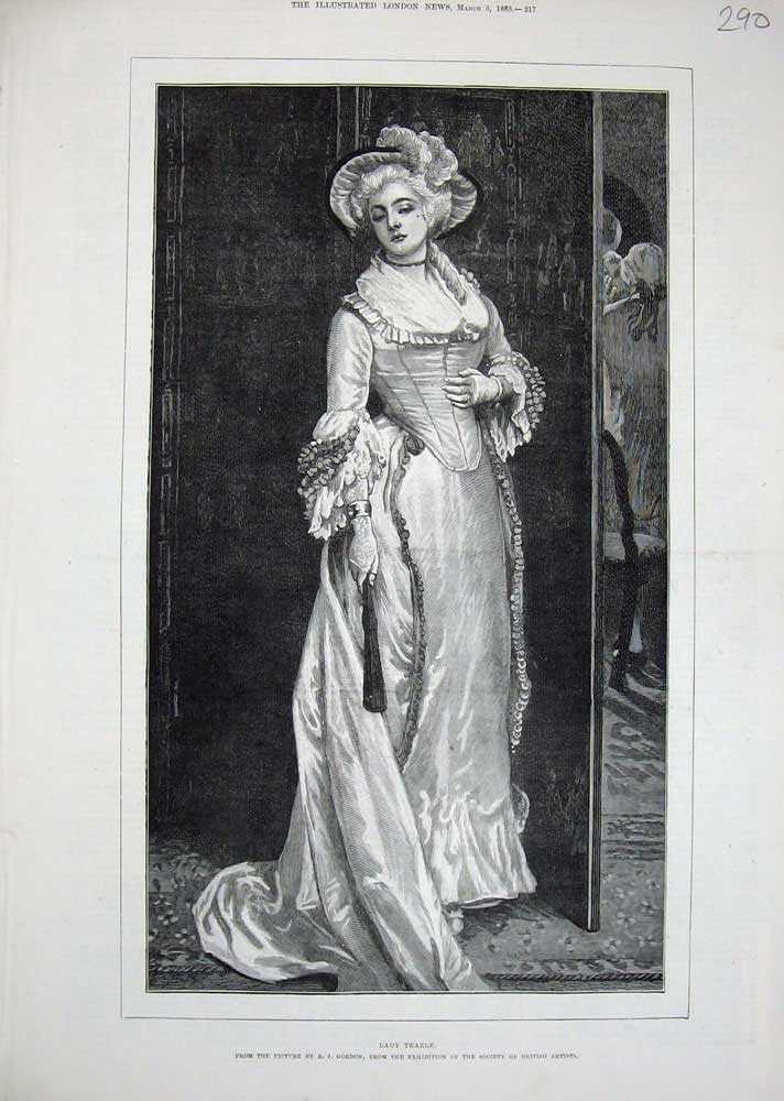 Original Old Antique Print 1883 Portrait Lady Teazle Woman Gordon Art Victorian