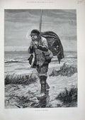 Old Antique Print 1894 Woodville Art Fishing Man Beach Sea Basket Winter 19th
