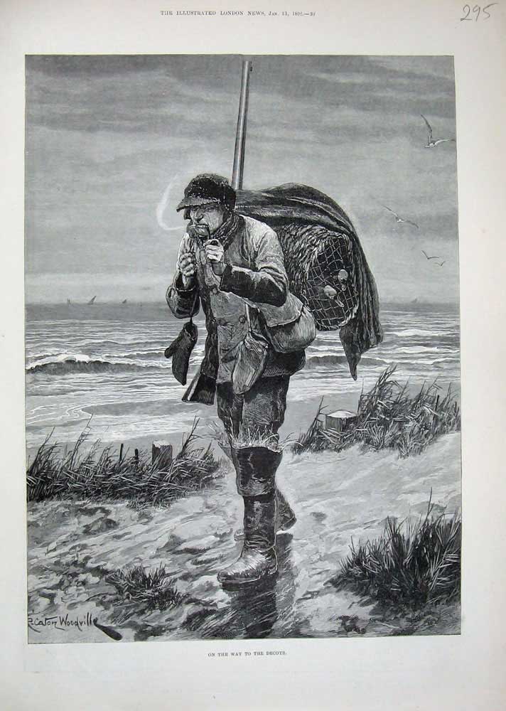 Old Antique Print 1894 Woodville Art Fishing Man Beach Sea Basket Winter 19th
