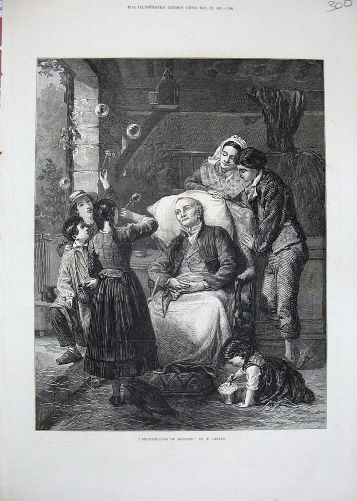 Original Old Antique Print Man Stories Children Blowing Bubbles Fine Art 1872