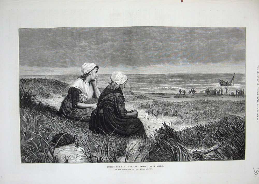 Original Old Antique Print 1874 Ship Wreck Tempest Storm Sea Women Beach Bource