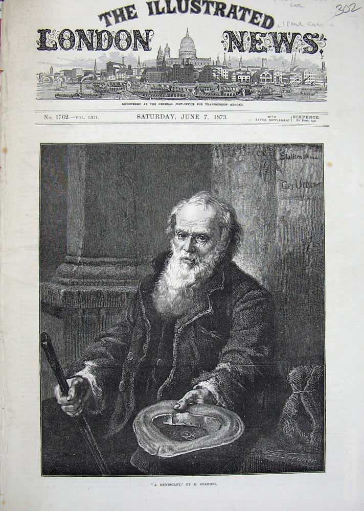 Original Old Antique Print 1873 Stammel Fine Art Man Mendicant Hat Portrait