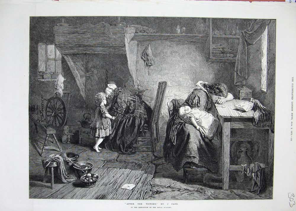 Original Old Antique Print 1873 Home Family Children Mother Lady Spinning Wheel