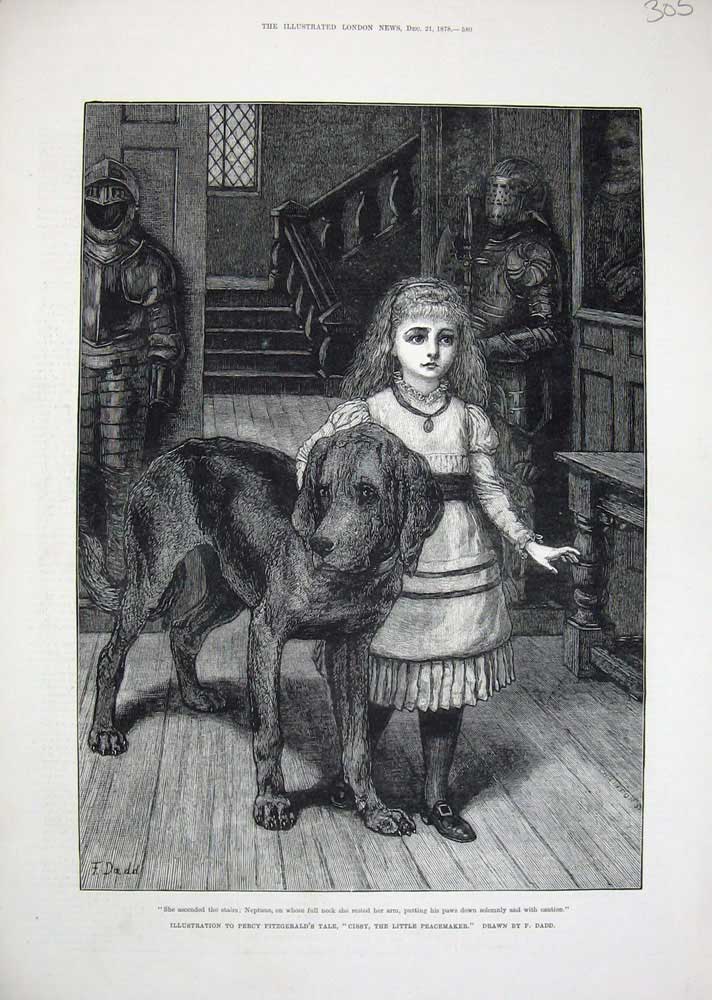 Old Antique Print 1878 Little Girl Pet Dog Cissy Neptune House Dadd Art 19th