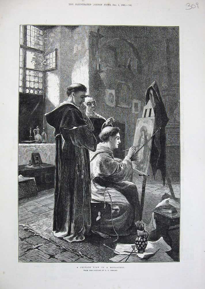 Original Old Antique Print 1883 Monastery Monks Painting Art Henley Fine Art