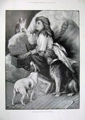 Original Old Antique Print 1899 Fannie Moody Fine Art Little Girl Puppy Dog Cat