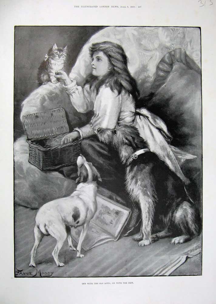 Original Old Antique Print 1899 Fannie Moody Fine Art Little Girl Puppy Dog Cat