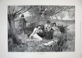 Old Antique Print 1891 Fine Art Country Scene River Woman Trees Man Grass 19th