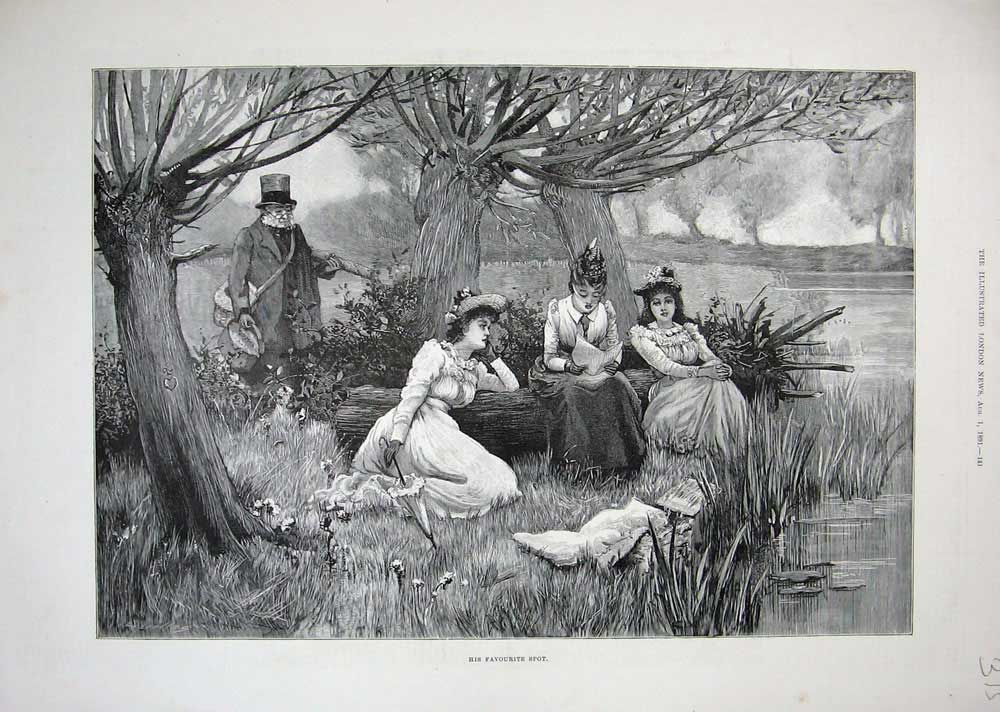 Old Antique Print 1891 Fine Art Country Scene River Woman Trees Man Grass 19th