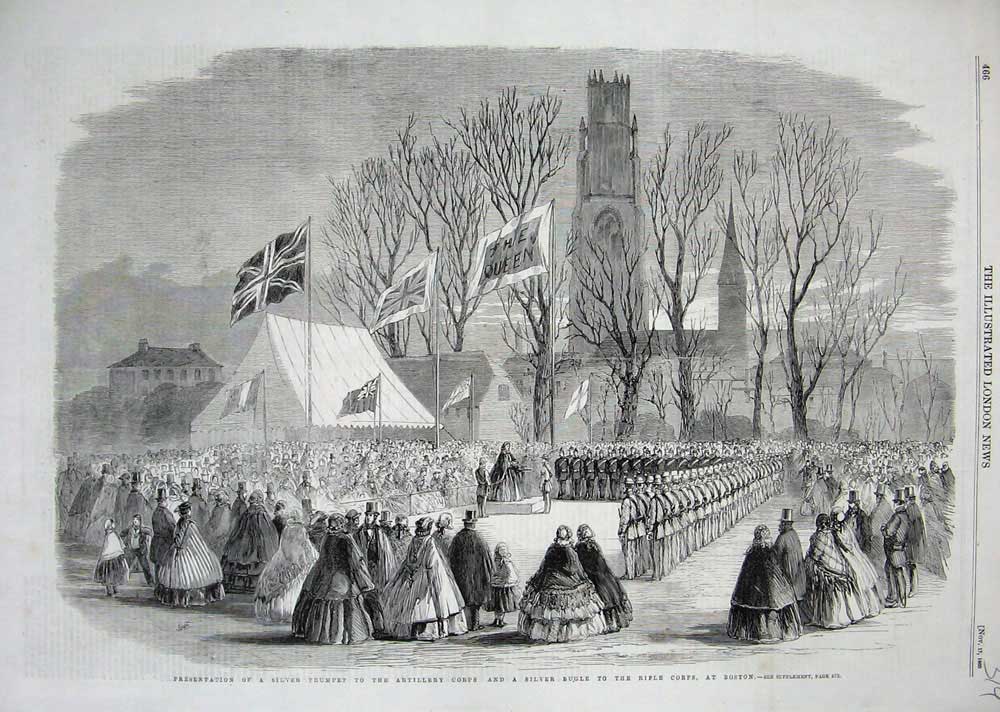 Old Antique Print 1860 Silver Trumpet Artillery Corps Bugle Boston Army 19th