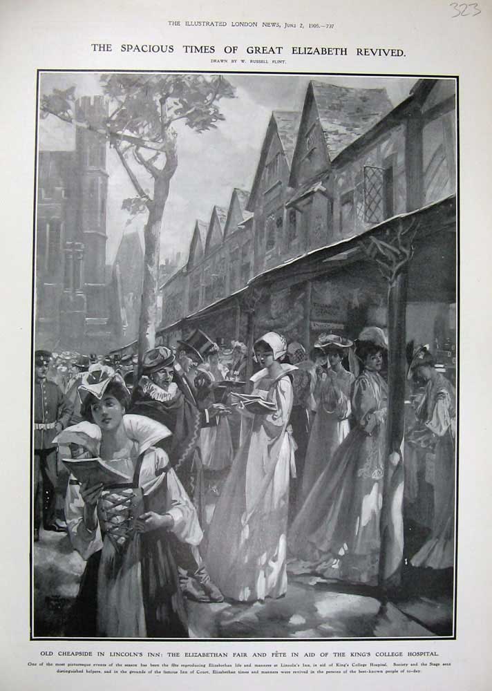 Old Antique Print 1906 Cheapside Lincoln'S Inn Elizabethan Fair College 20th
