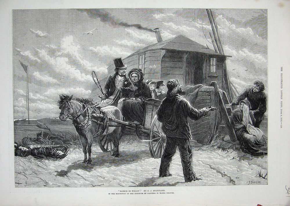 Old Antique Print 1878 Staniland Fine Art Country Horse Waggon Boat House 19th
