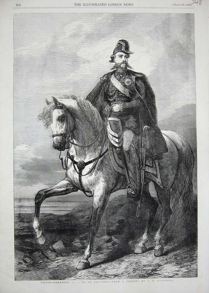 Old Antique Print 1855 Victor-Emmanuel King Sardinia Horse Desanges Art 19th