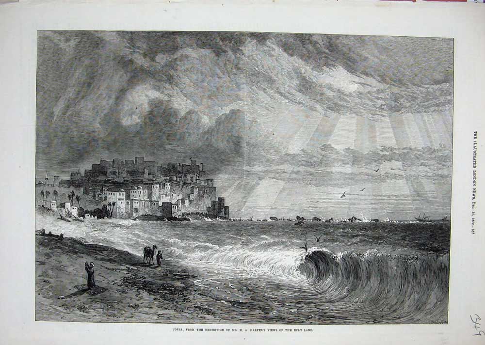 Old Antique Print 1872 View Town Joppa Houses Sea Camel Holy Land Harper 19th