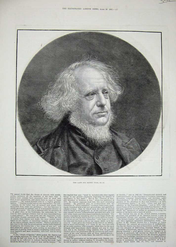 Original Old Antique Print 1882 Portrait Late Sir Henry Cole K.C.B Victorian
