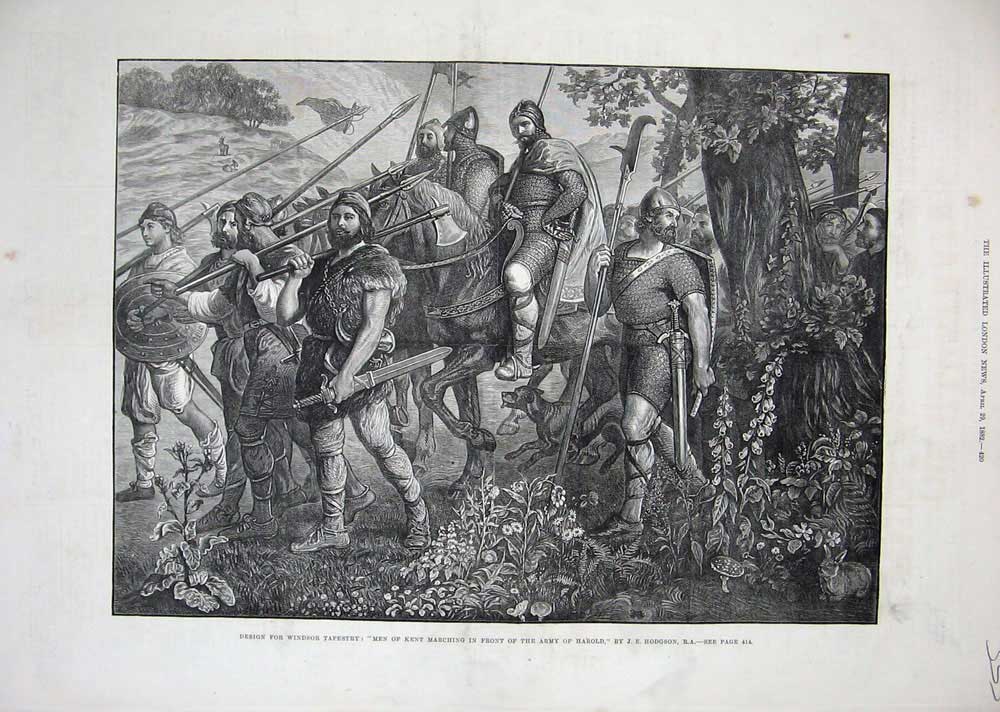 Original Old Antique Print 1882 Windsor Tapestry Men Kent Marching Army Har 19th