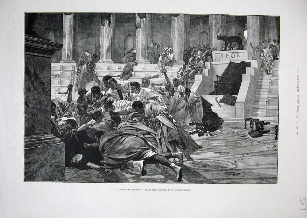 Original Old Antique Print 1887 Scene Death Caesar Men Weapons Rochegrosse Art