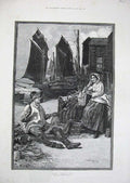 Old Antique Print 1885 Knowles Fine Art Fisherman Boats Lady Nets Basket 19th