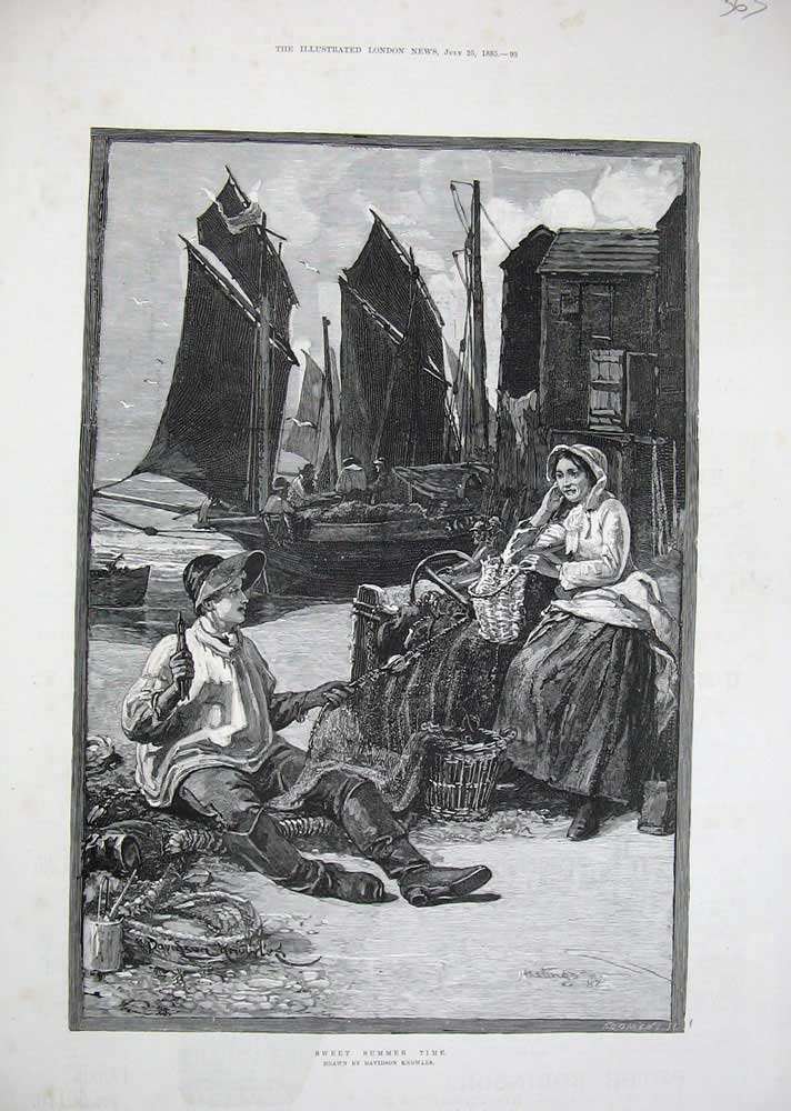 Old Antique Print 1885 Knowles Fine Art Fisherman Boats Lady Nets Basket 19th