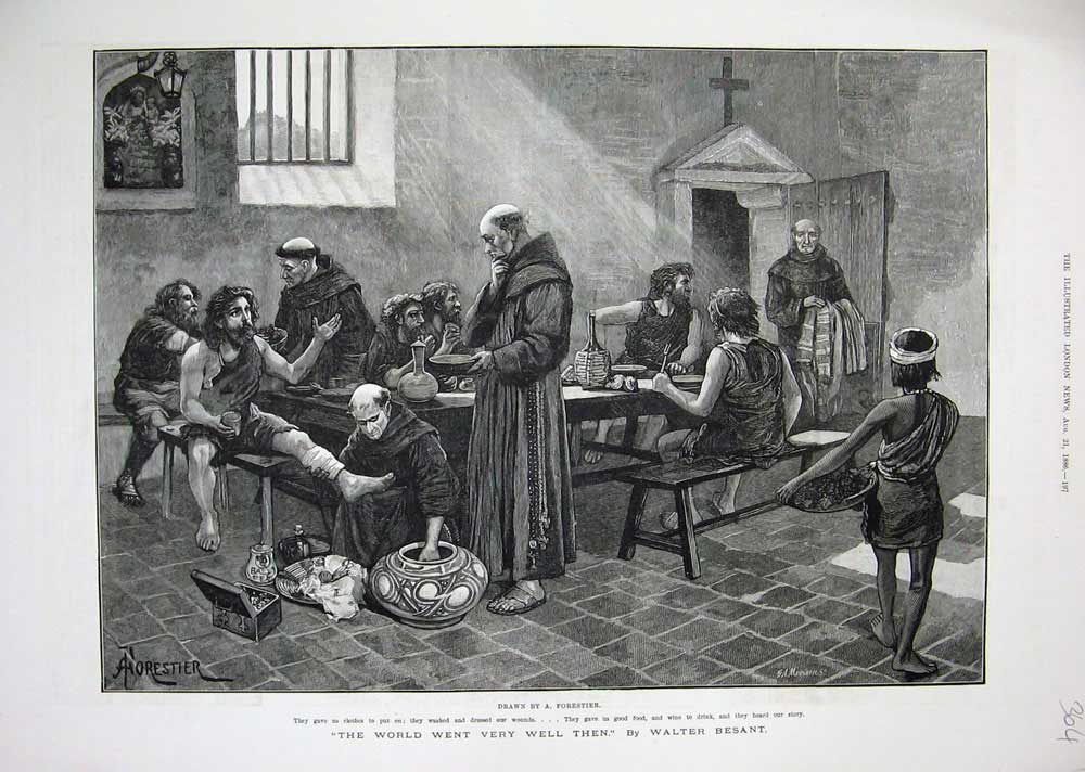 Old Antique Print 1886 Forestier Fine Art Monks Poor People Men Food Wine 19th