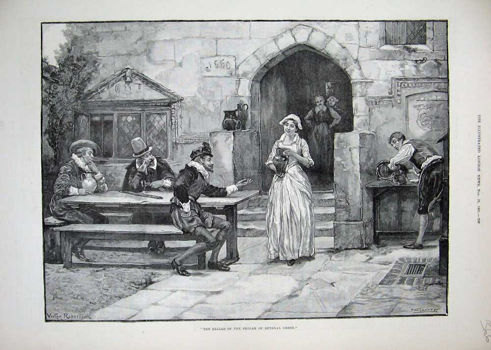 Original Old Antique Print 1891 Ballad Beggar Bethnal Green Lady Inn Hotel Men