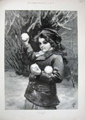 Old Antique Print 1894 Johnson Fine Art Little Girl Snowball Winter Snow 19th