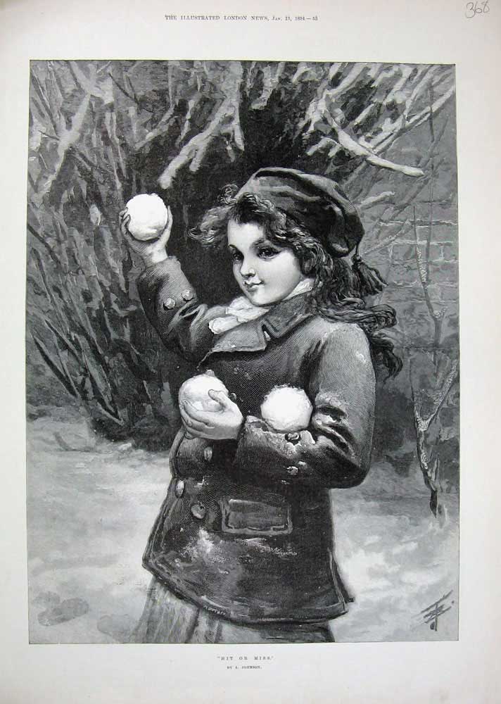 Old Antique Print 1894 Johnson Fine Art Little Girl Snowball Winter Snow 19th