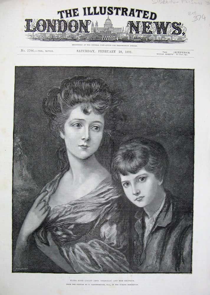 Original Old Antique Print 1891 Eliza Anne Linley Mrs Sheridan Brother Portrait
