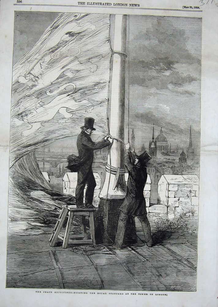 Original Old Antique Print 1856 Peace Rejoicings Royal Standard Tower London