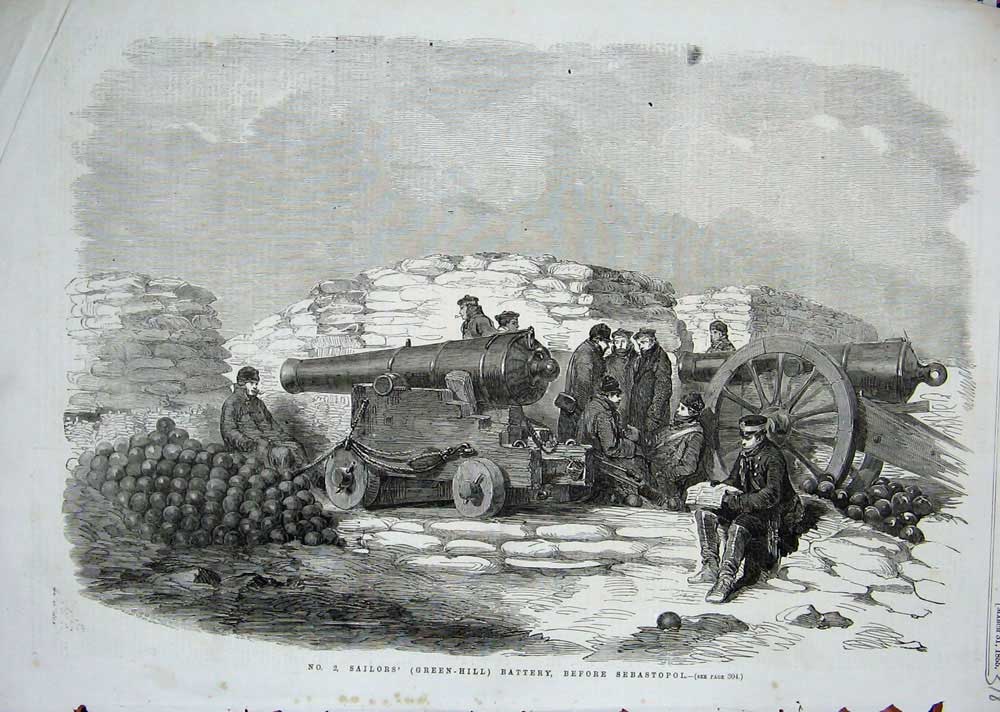 Original Old Antique Print 1855 Sailors Green Hill Battery Sebastopol War Canon