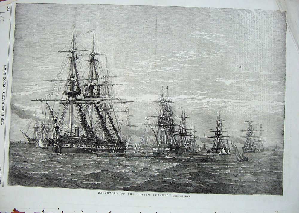 Original Old Antique Print 1855 Departure Flying Squadron Ships War Sea 19th
