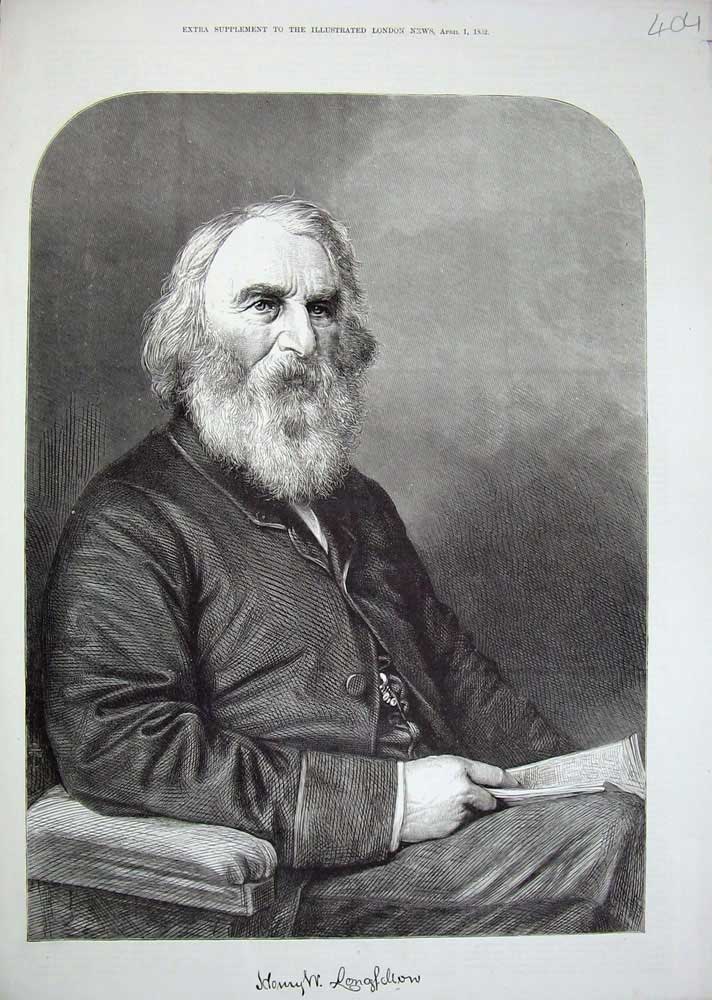 Original Old Antique Print 1882 Portrait Henry Wadsworth Longfellow Victorian
