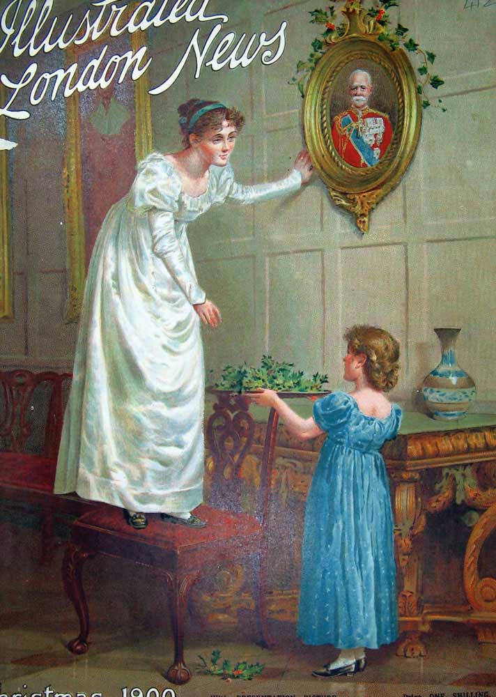Original Old Antique Print 1900 Christmas Woman Little Girl Decorating Holly