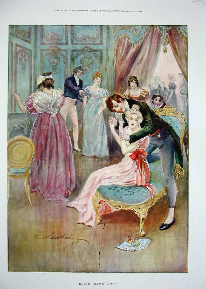 Original Old Antique Print 1896 Colour Women Men Game Blind Mans Buff Dance