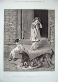 Original Old Antique Print 1888 Riveire Little Girl Puppy Dogs Animals House