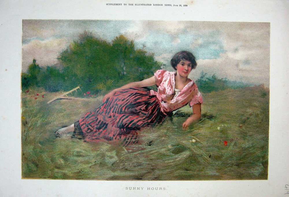 Original Old Antique Print 1888 Colour Lady Woman Country Grass Summer 19th