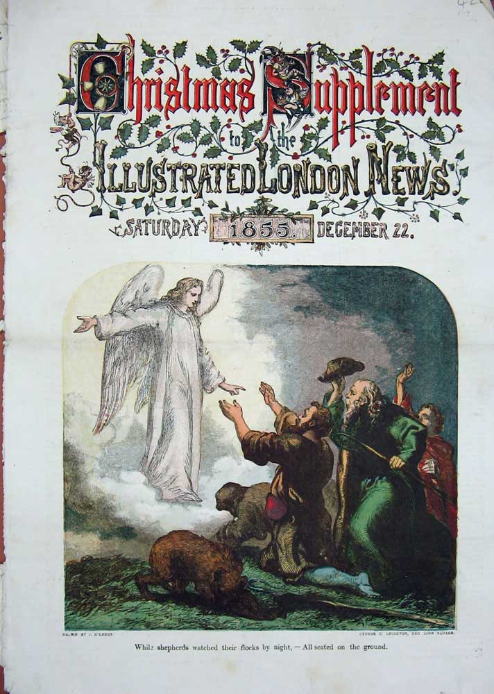 Original Old Antique Print 1855 Colour Shepherd Sheep Heavenly Angel Gilbert