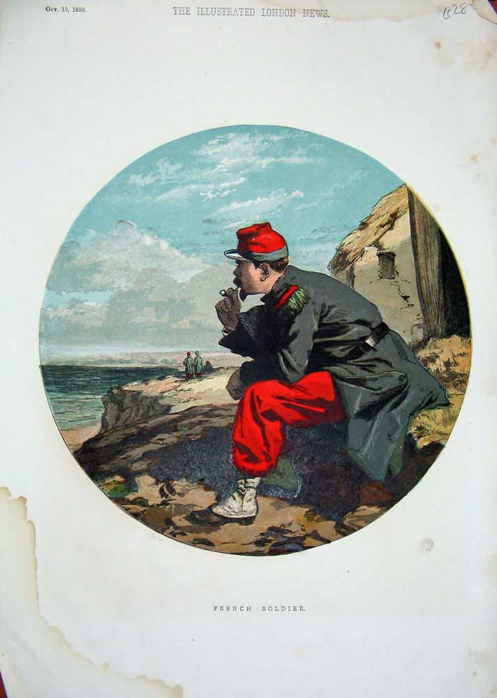 Original Old Antique Print 1856 Colour French Sier Beach Sea-Side War Man 19th