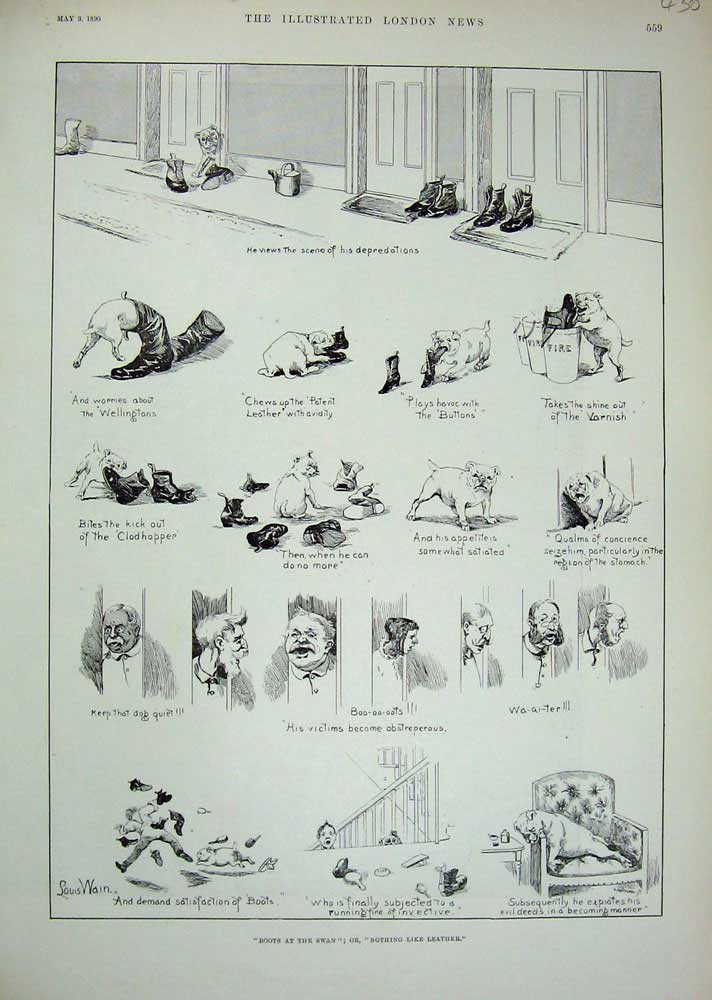 Original Old Antique Print 1890 Louis Wain Dogs Shoes Man Comedy Sketches 19th