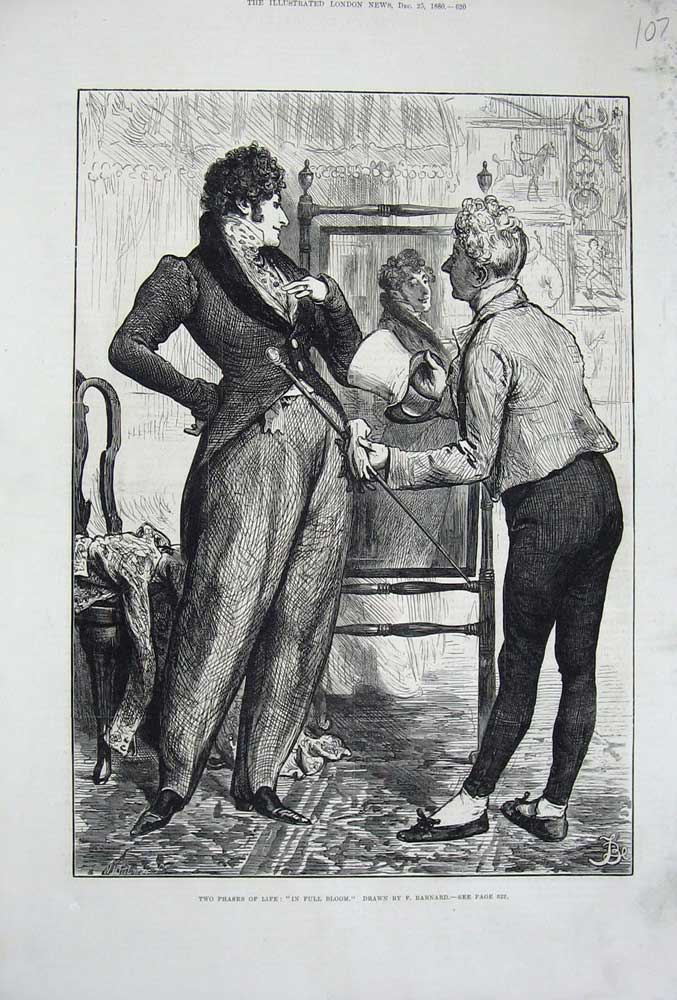 Original Old Antique Print 1880 Barnard Gentleman Mirror Costume Servant 19th